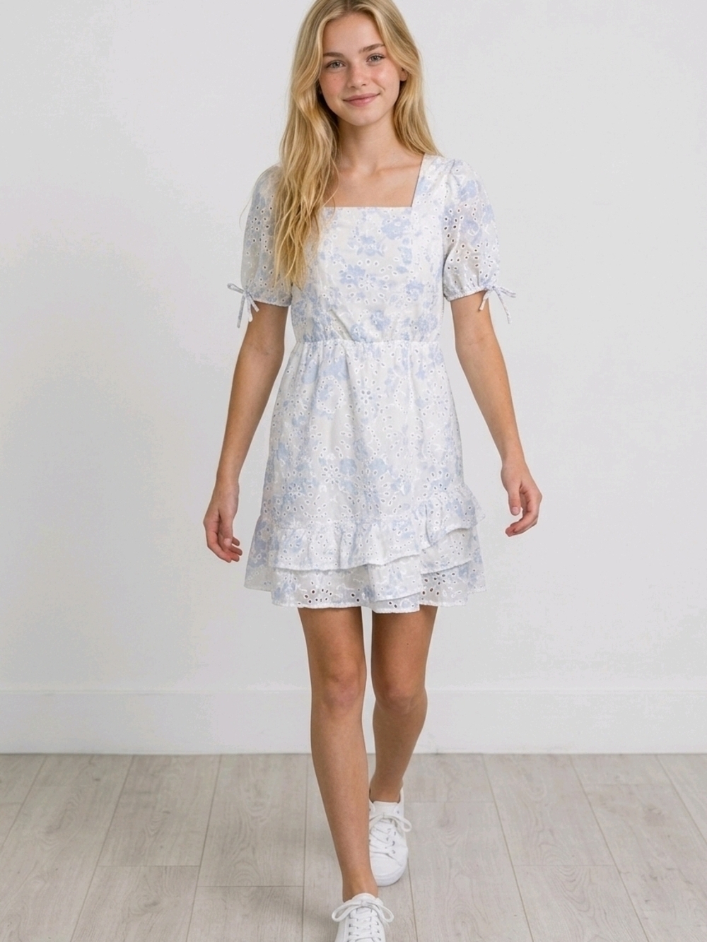 NWT Speechless Kids Light Blue Floral Eyelet Square-Neck Dress Sz 16